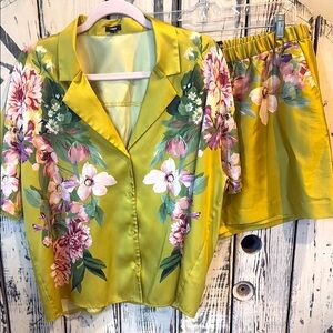 Express Floral Satin Pajama Set in Green and Pink